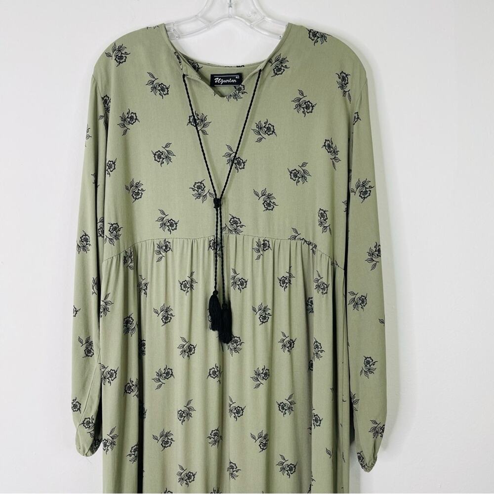 Green black floral cottagecore boho ruffle tassel maxi dress large - Picture 2 of 8